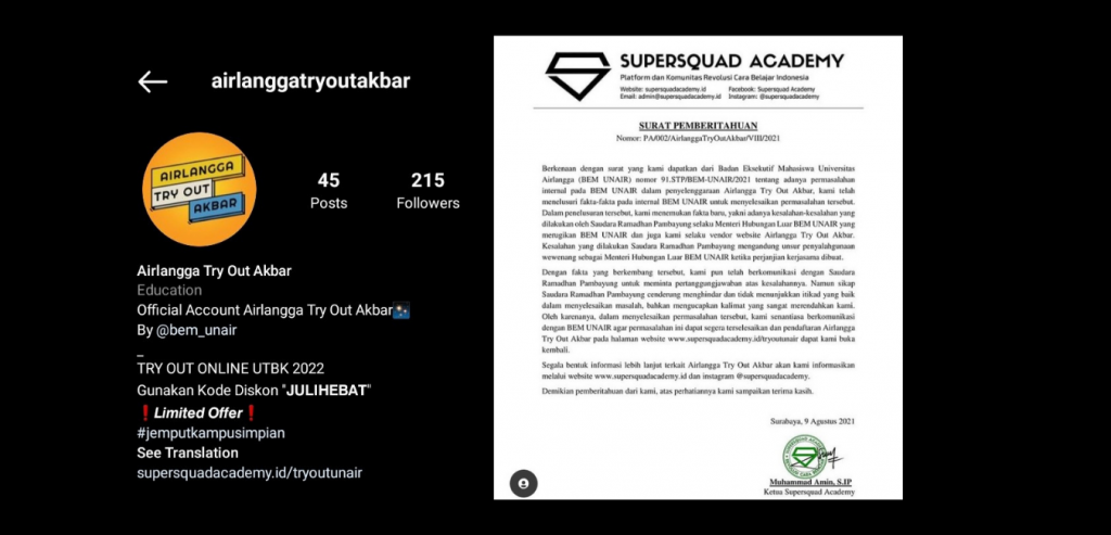Surat pemberitahuan Airlangga Try Out Akbar yang dirilis Supersquad Academy dan Profil Instagram panitia Try Out (Akun Instagram @supersquadacademy)